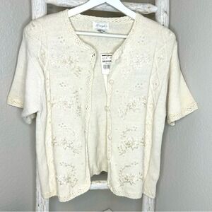 Vintage Margules Cream Floral Beaded Knit Cardigan Top Short Sleeve Medium